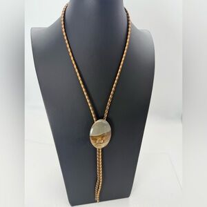 Vintage Western Cowboy Jewelry Bolo Tie Real Stone Slide Braided Leather Gift